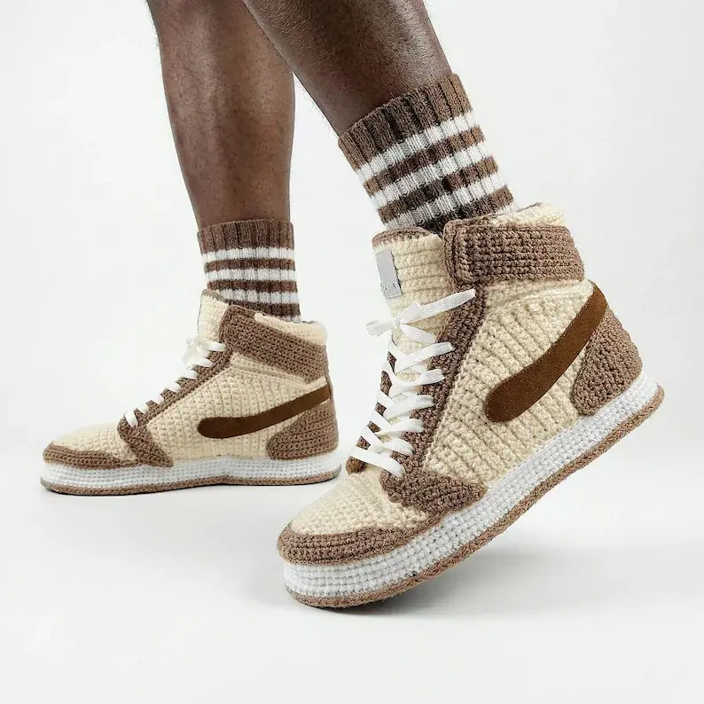 Beige and brown handmade crochet high top sneaker slippers