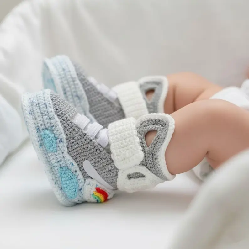 Grey handmade futuristic crochet baby sneaker booties
