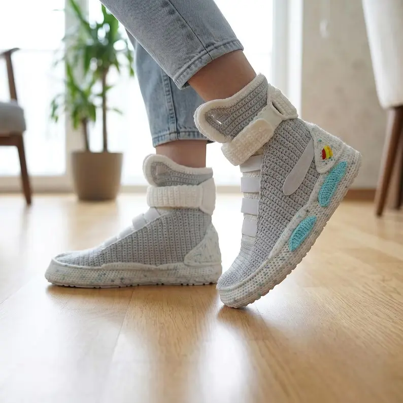Grey handmade futuristic crochet adult sneaker slippers