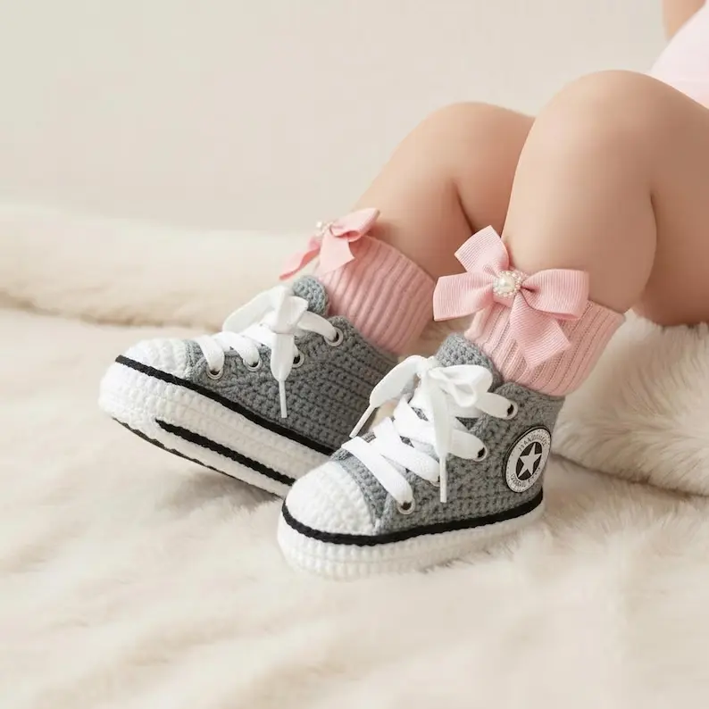 Grey handmade crochet baby sneaker booties