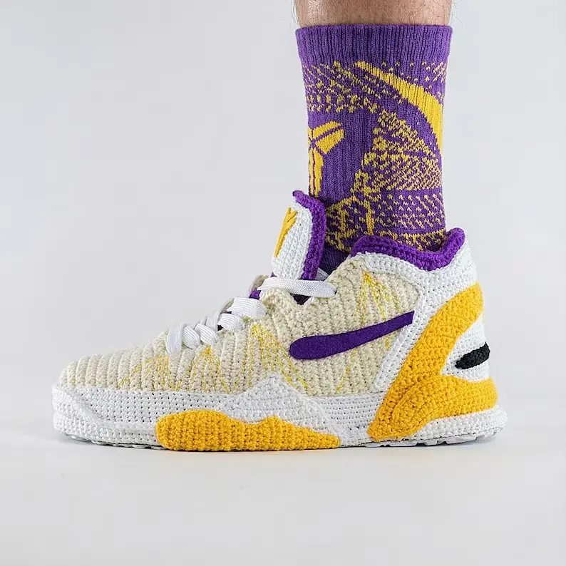 Purple and gold handmade crochet basketball sneaker slippers