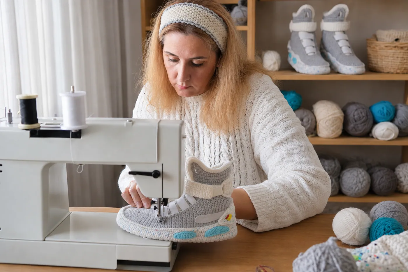 Sevda sewing a grey handmade futuristic crochet sneaker slipper in her studio