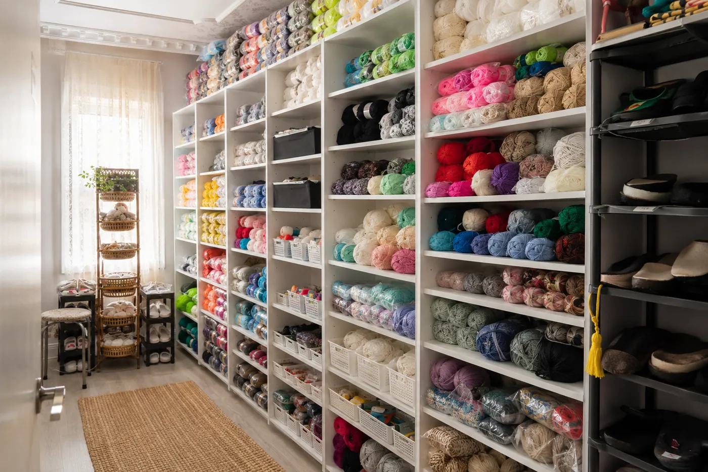 Organized wall of colorful yarn in the By Seay crochet studio