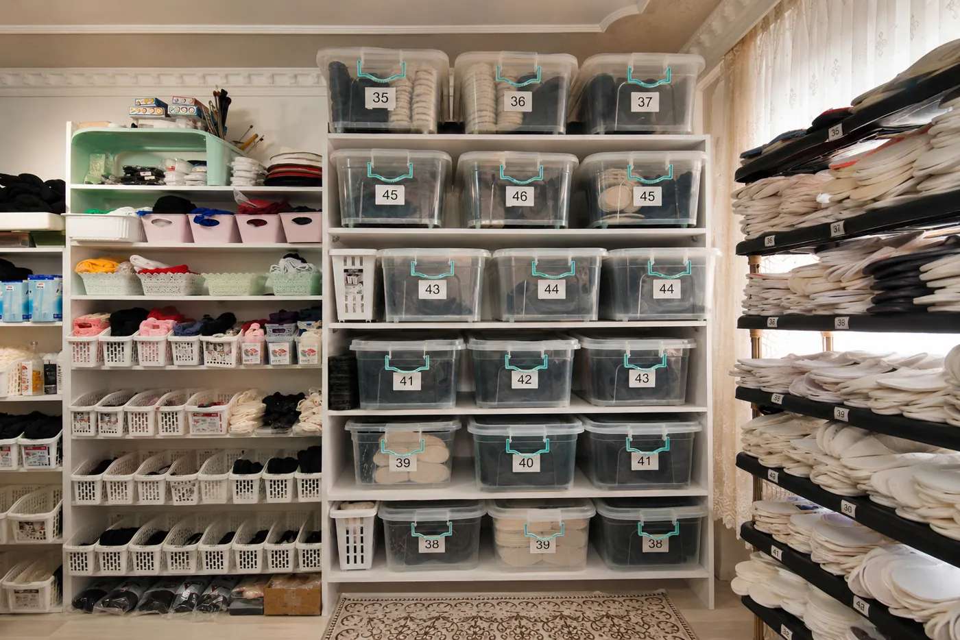 Numbered storage of crochet slipper soles organized by adult shoe size