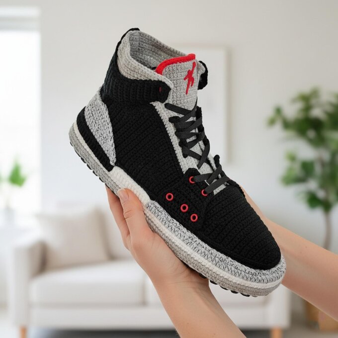 Black Cement Crochet Jordan-Style Sneaker Slippers Men Women Black Cement Crochet Jordan-Style Sneaker Slippers Men Women