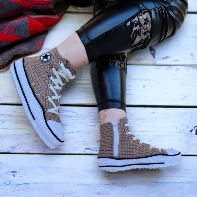 Brown Crochet Custom Sneakers Style Slippers