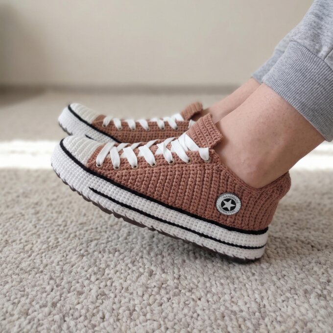 Brown Crochet Sneakers Slippers Unisex House Custom Shoes Classic Canvas Style Sneaker Lover Gift Sneakerhead Kicks EVA Non Slip Sole