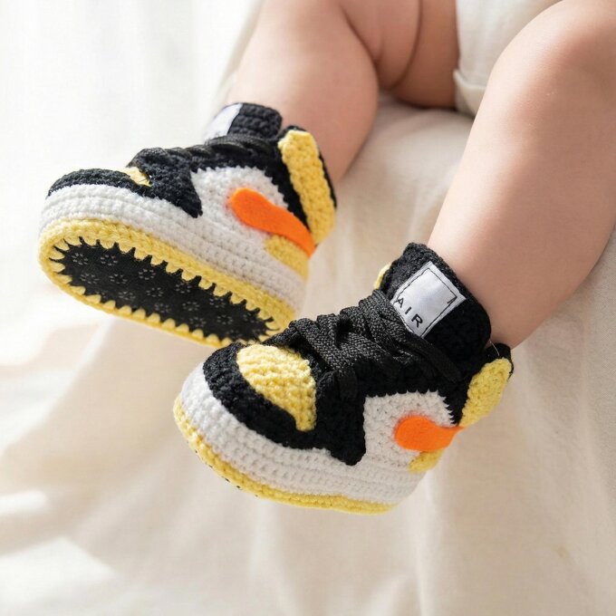 Crochet Baby Booties Jordan Yellow Black Newborn Sneakers Soft Sole Infant Basketball Shoes Sneakerhead Gift Personalized Baby Present