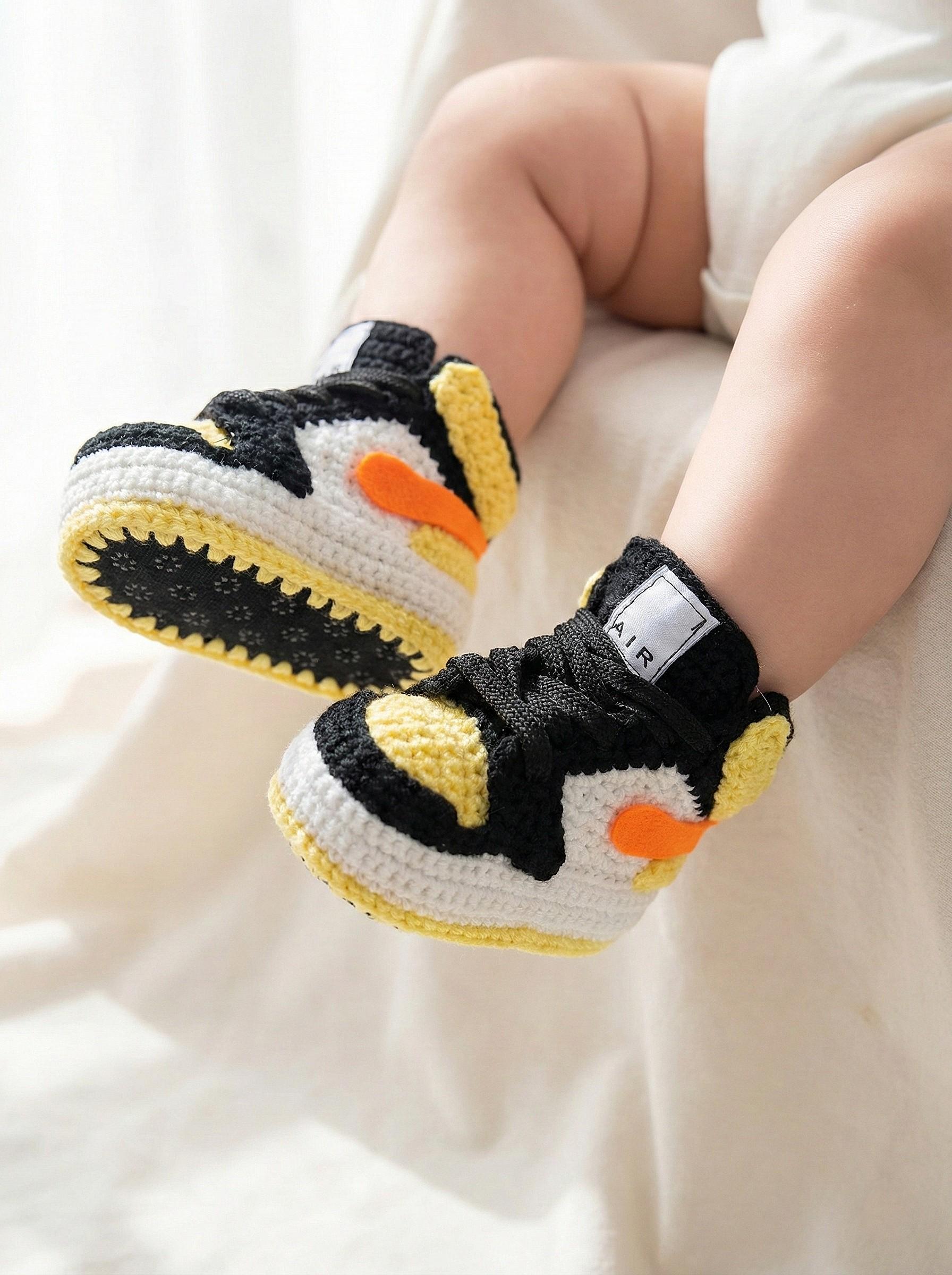 Crochet Baby Booties Jordan Yellow Black Newborn Sneakers Soft Sole Infant Basketball Shoes Sneakerhead Gift Personalized Baby Present