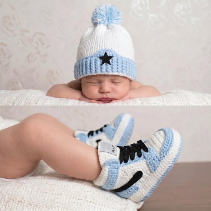 Crochet Baby Jordan Sneakers Booties and Hat Set Sneakerhead Baby Shower Gift Boy Newborn Basketball Custom Shoes Blue Cotton Crib Outfit