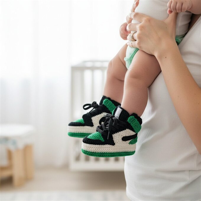 Crochet Baby Jordan Sneakers Green Baby High Top Booties Unisex Newborn Gift Baby Shower 038 Gender Reveal Basketball Gifts For Babies