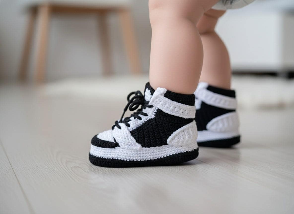 Crochet Baby Jordans Sneakers Newborn White and Black Booties Knitted Crib Shoes Retro Basketball Outfit Customizable Photoshoot Props