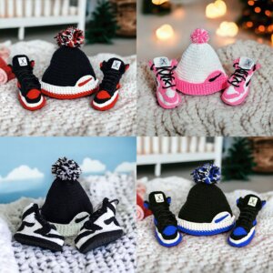 Crochet Baby Jordans Style Booties and Beanie Set Baby Shower Favors Newborn Crib Shoes Newborn Photo Prop Gender Neutral Baby Gift