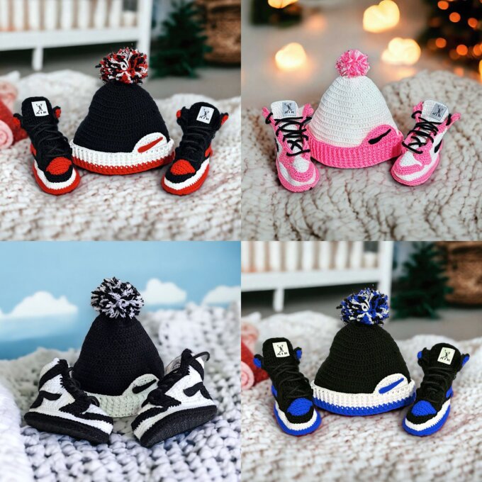 Crochet Baby Jordans Style Booties and Beanie Set