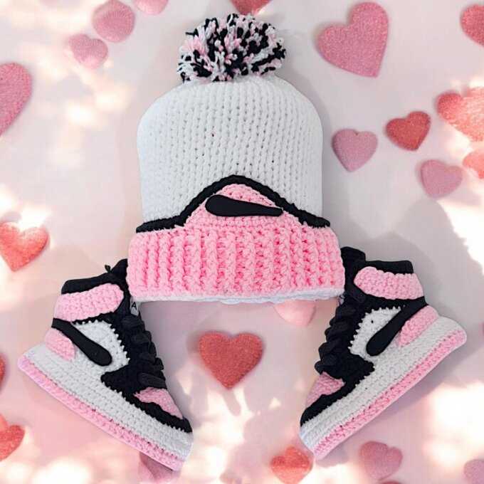 Crochet Baby Jordans Style Pink Booties And Beanie Set Crochet Baby Jordans Style Pink Booties And Beanie Set