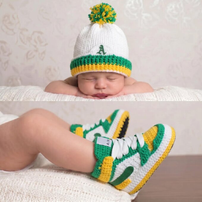 Crochet Baby Sneaker Booties Hat Set Jordan Style Oakland Colors Baby Shower Gift Boy Girl Newborn Photo Outfit Basketball Sneakerhead