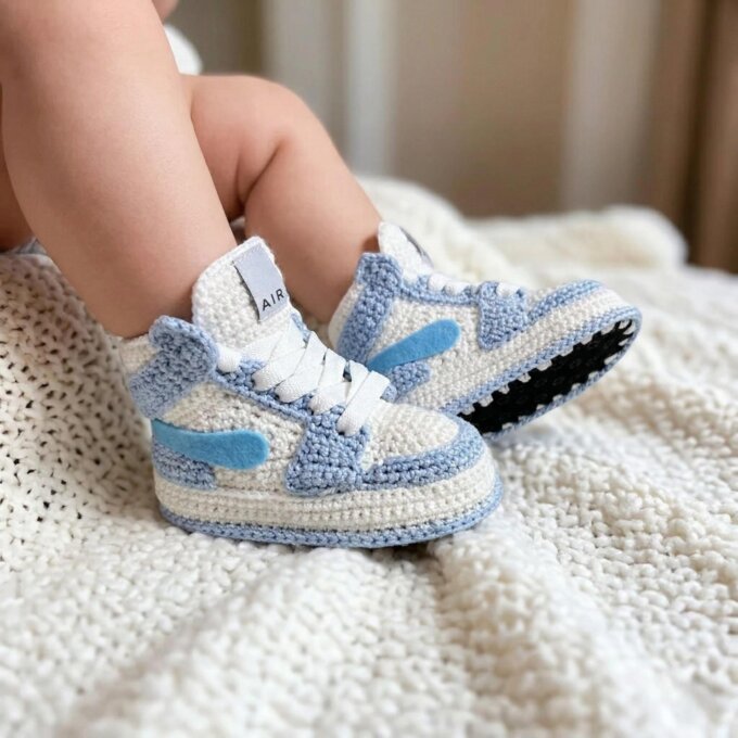 Crochet Baby Soft Blue Jordan-Style Sneakers Crochet Baby Soft Blue Jordan-Style Sneakers
