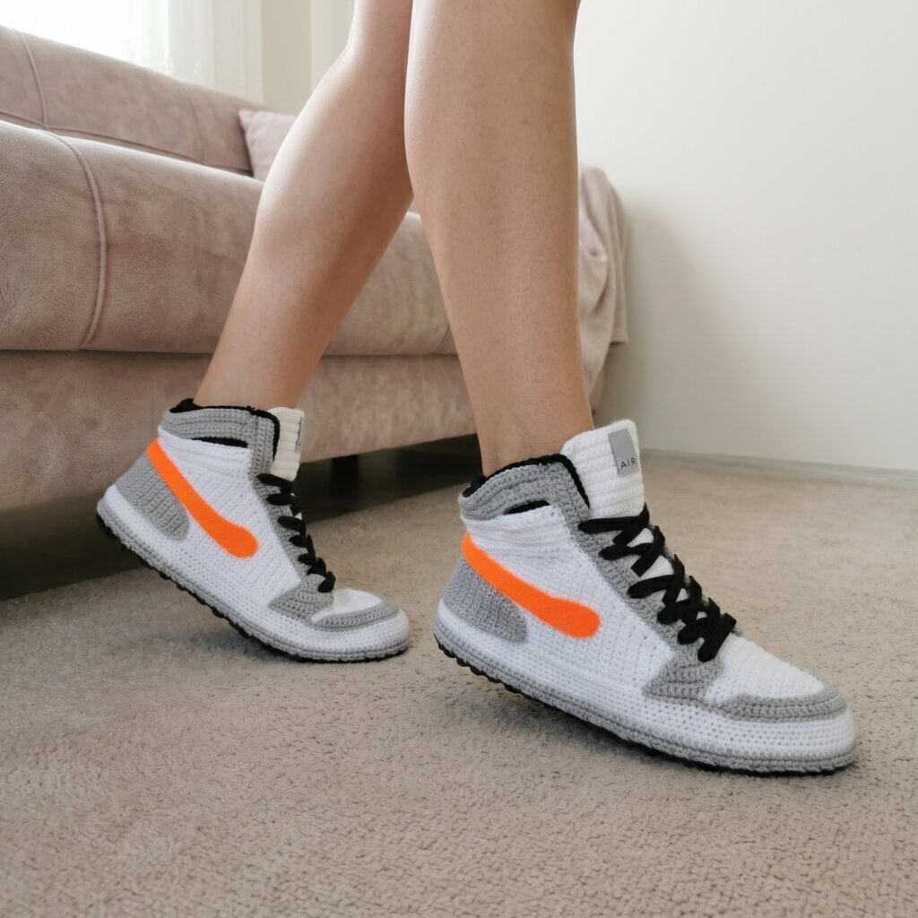 Custom Grey Crochet High-Top Slippers - view 2