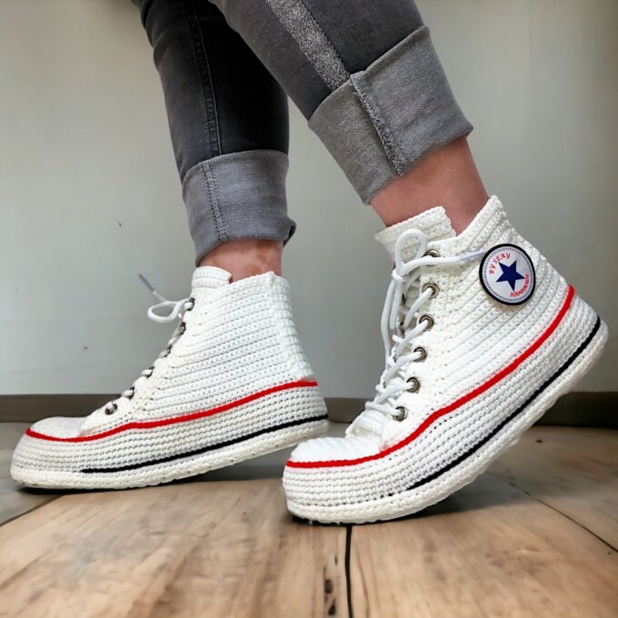Crochet Converse-Style High-Top Classic Sneaker Slippers