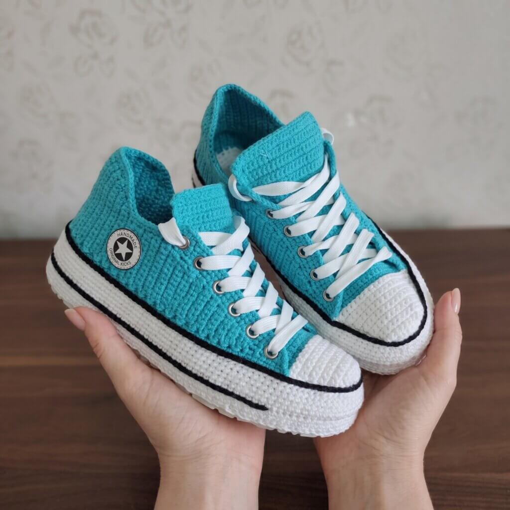 Turquoise Crochet Converse Style Slippers Womens Mens Non Slip Knit House - view 2