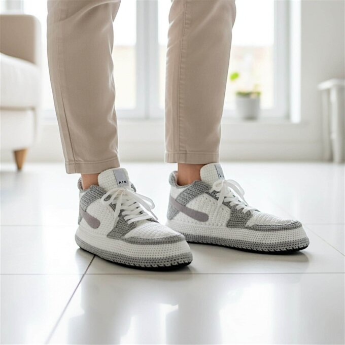 Crochet Gray Jordan Style Low Top Sneaker Slippers Womens Cozy House Shoes Unisex Sneakerhead Gift Basketball Fan Gifts Mens Wool Boots