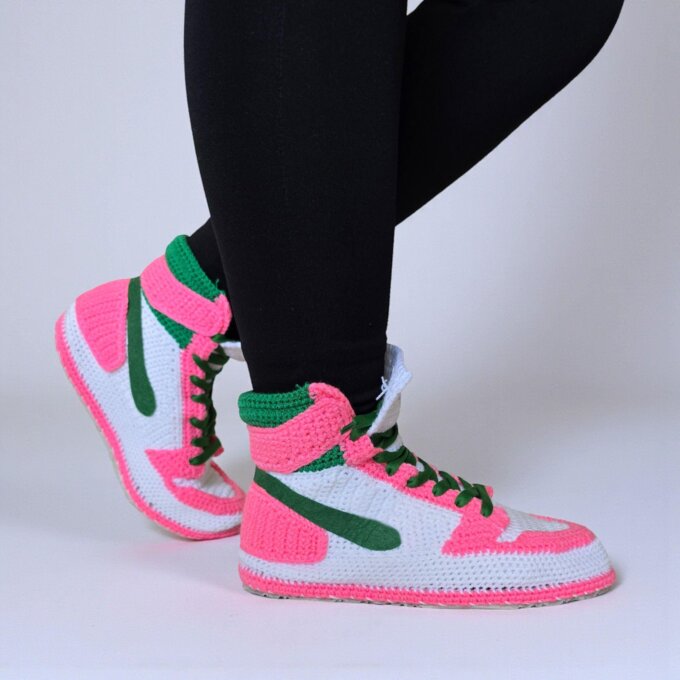 Crochet Jordan Sneaker Pink Slippers High Top Green Shoes Retro Cozy House Slippers Women 038 Men Basketball Fan Gift Sneakerhead Gifts