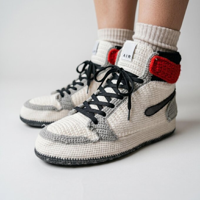 Crochet Jordan Style Smoke Gray Sneaker Slippers Unisex High Top House Shoes Cozy Non Slip Knit Basketball Sneakers Gift for Sneakerheads