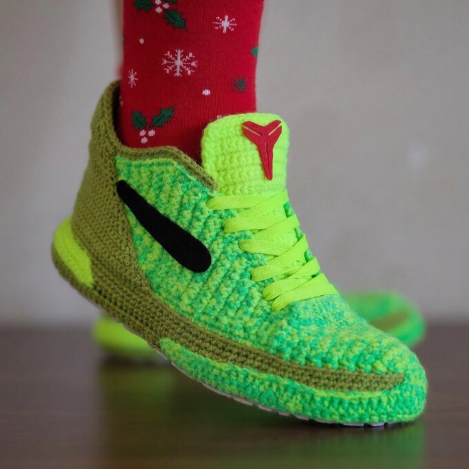 Crochet Kobe Style Sneaker Slippers Neon Green Christmas House Shoes Basketball Holiday Gift Christmas Elf Booties Sneakerhead Art Gifts