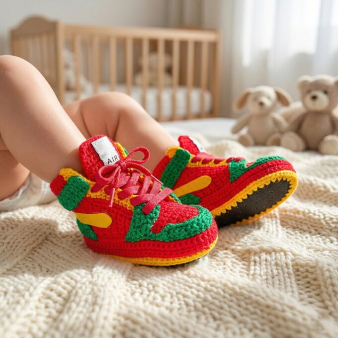 Crochet Newborn Jordan Colorful Sneakers African Rasta Colors Booties Retro Basketball Style Baby Custom Shoes Unique Baby Shower Gift