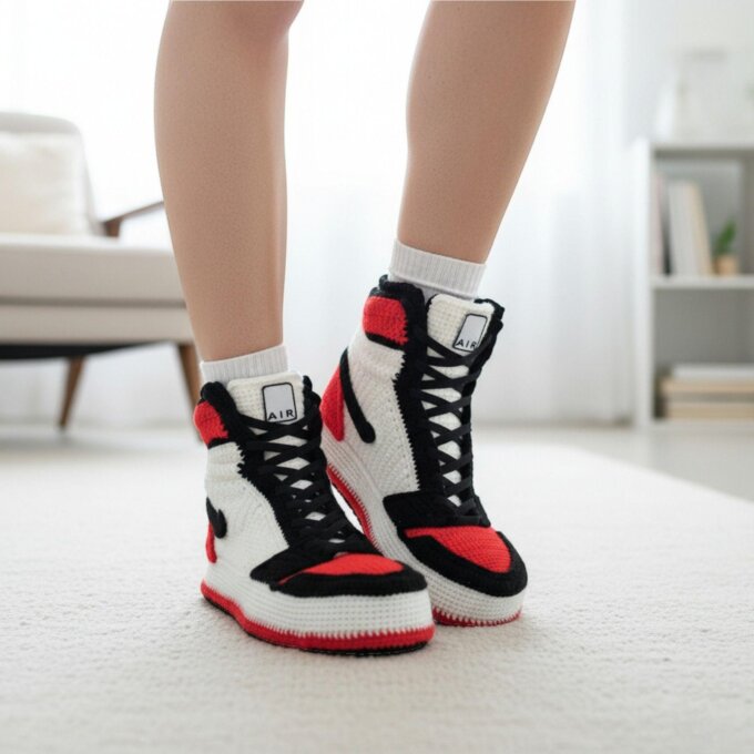 Custom Crochet High Top Jordan-Style Bred Sneakers Slippers