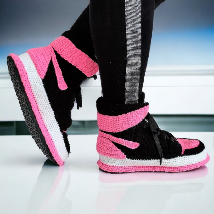 Custom Knitted Cozy Pink Sneaker Plush Slippers