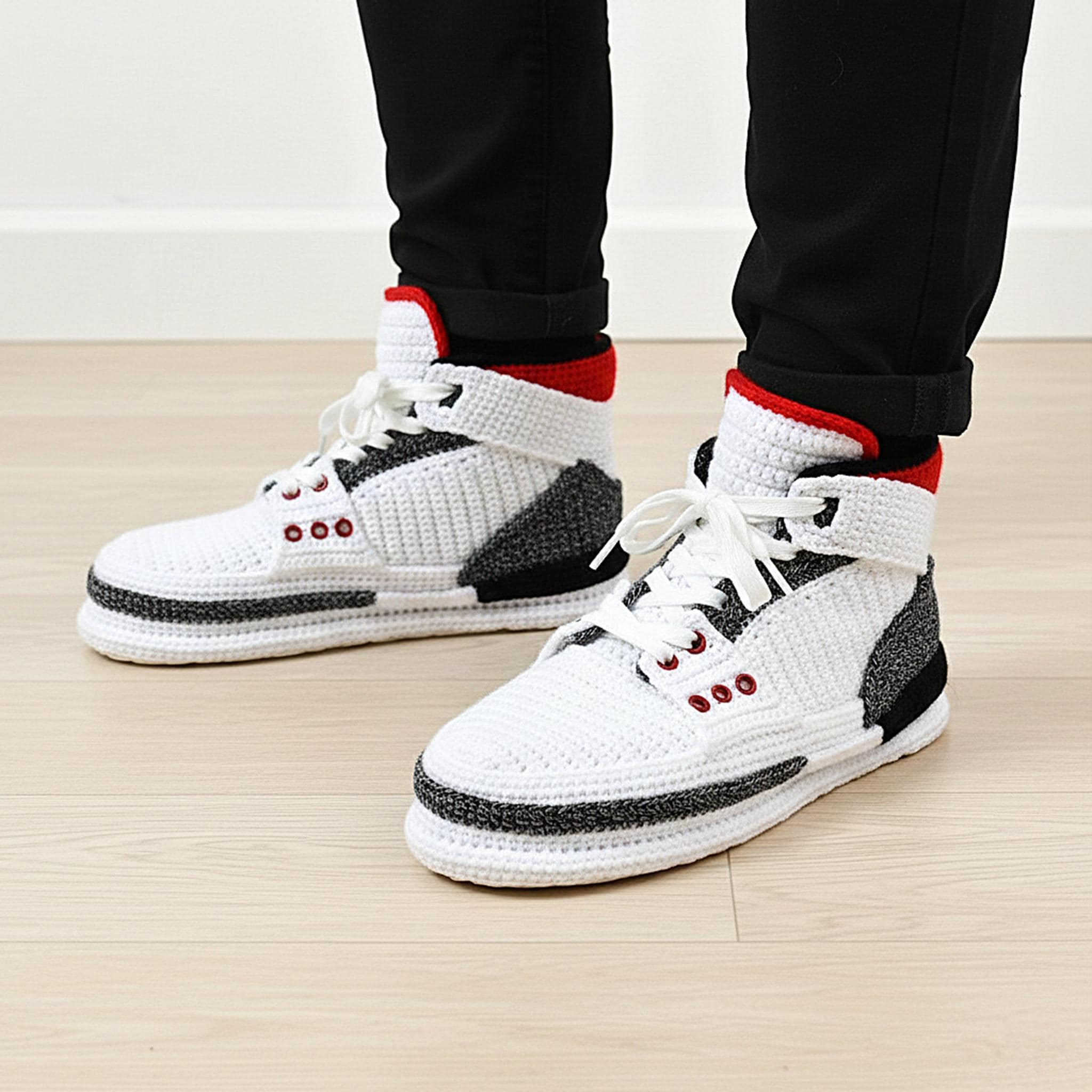 Custom Sneakers Slippers High Top Red Denim Basketball Shoes Cozy Wool Soft Plush Socks Personalized Christmas or Basketball Lovers Gift