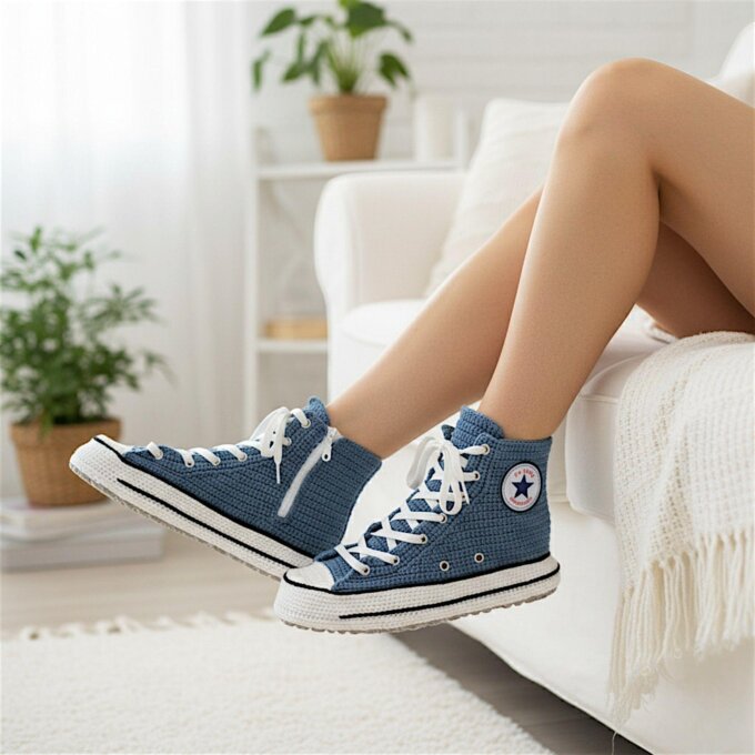 Denim Blue Crochet Sneaker Slippers Unisex High Top House Shoes Womens Canvas Slippers Knitted Mens Boot Plush Cool Basketball Sneakers
