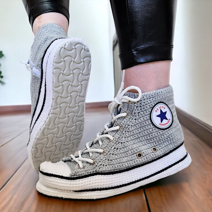 Gray Converse-Style Crochet Sneakers Slippers Gray Converse-Style Crochet Sneakers Slippers