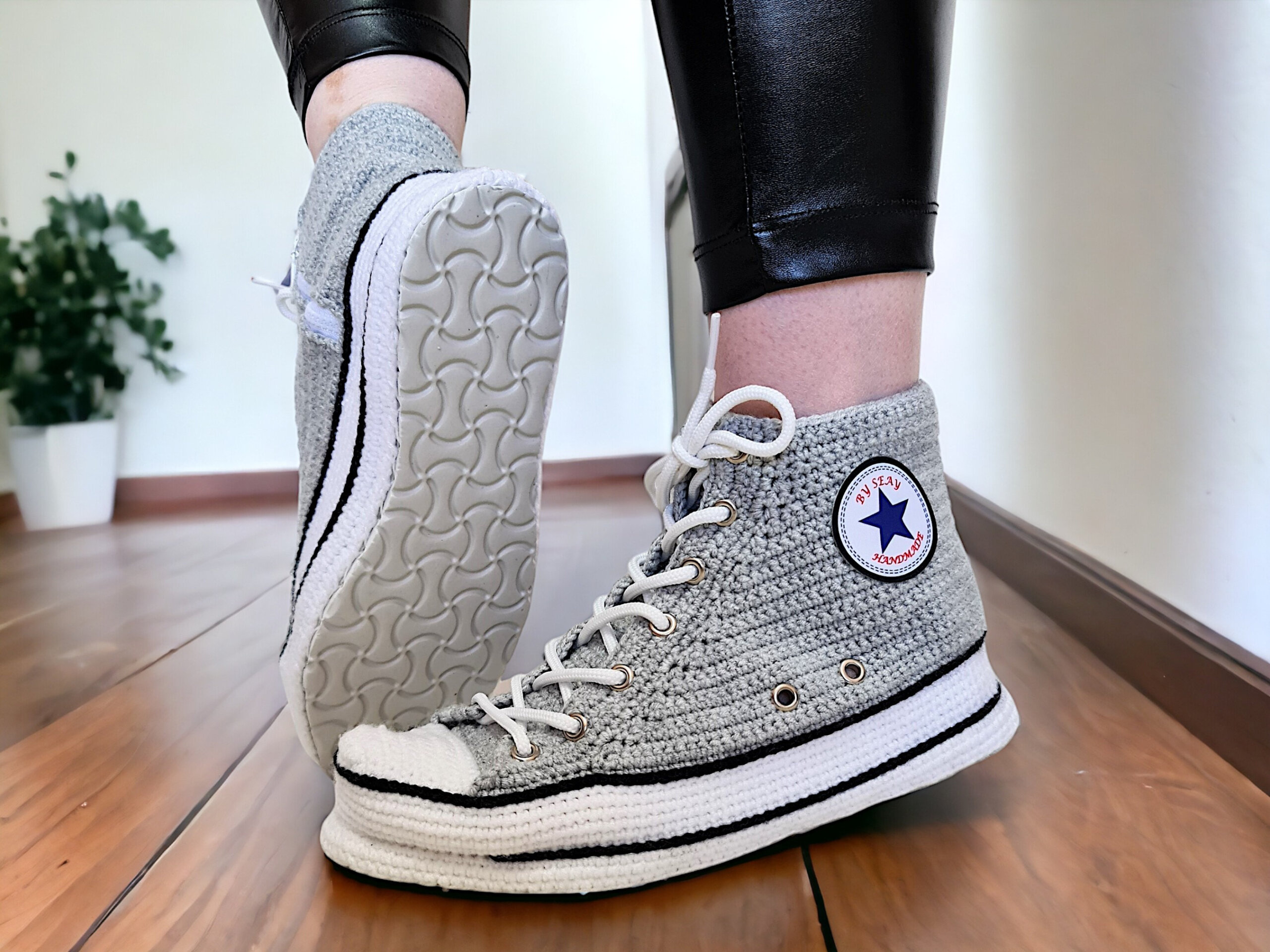 Gray Converse-Style Crochet Sneakers Slippers