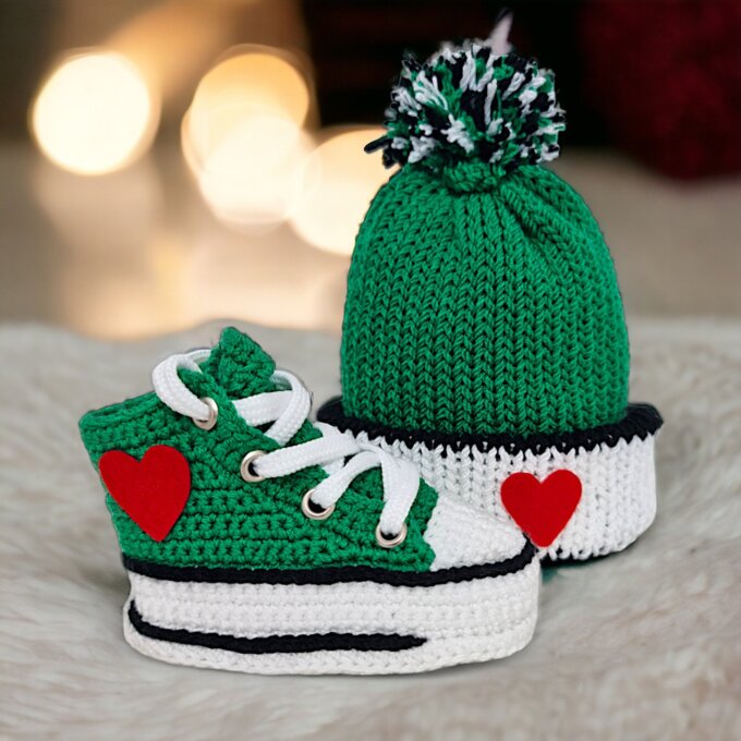 Green Baby Booties & Crochet Beanie