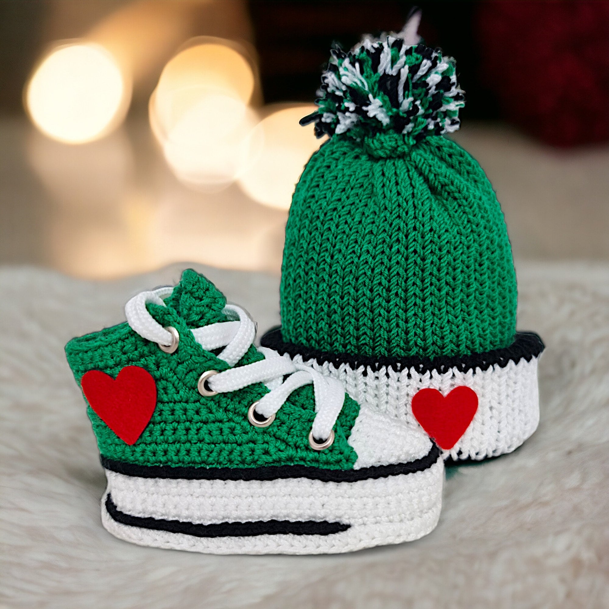 Green Baby Booties & Crochet Beanie