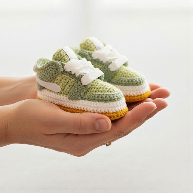 Green Baby Dunk Sneaker Jordan Booties Soft Sole Newborn Shoes Gender Neutral Baby Shower Gift Pregnancy Announcements Crochet Sneakers