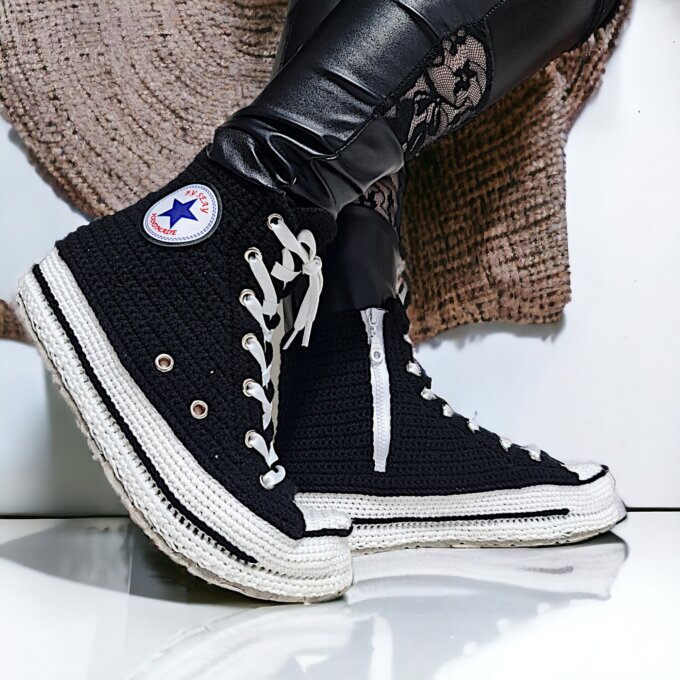 Handmade Black Crochet Sneakers Style Slippers