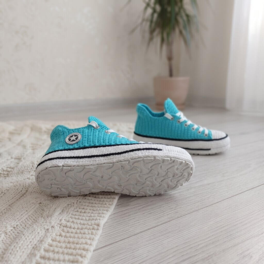 Turquoise Crochet Converse Style Slippers Womens Mens Non Slip Knit House - view 3