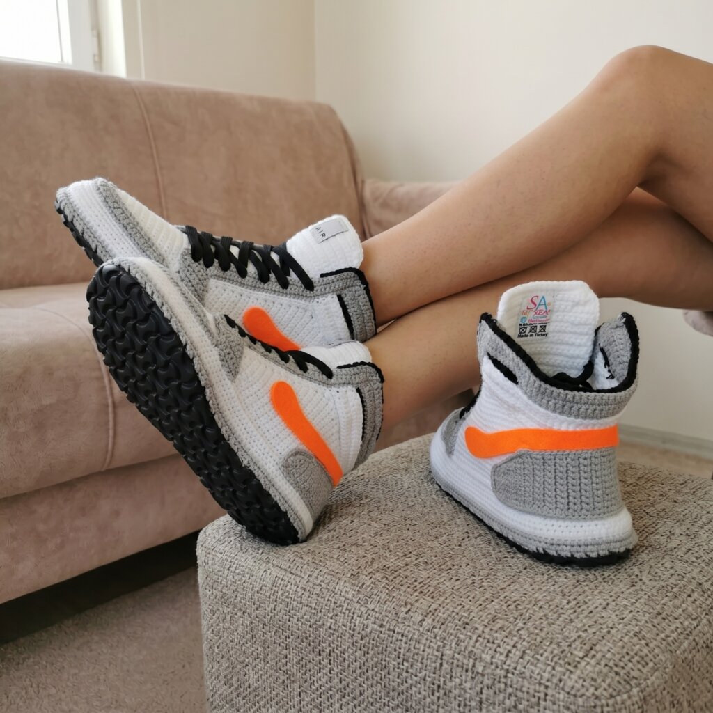 Custom Grey Crochet High-Top Slippers - view 3