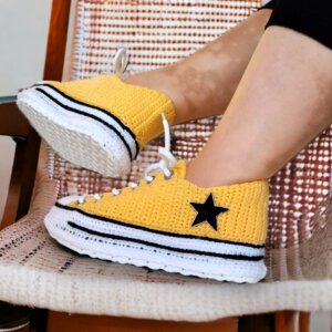 Handmade Yellow Sneakers Art Custom Kicks Knitted Slippers Wool Low Top Indoor Shoes Perfect Birthday and Christmas Gift for Women Men