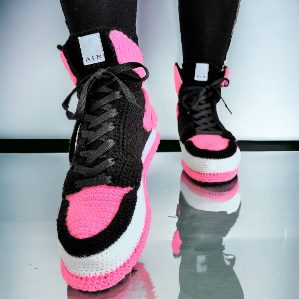 Custom Knitted Cozy Pink Sneaker Plush Slippers - view 3
