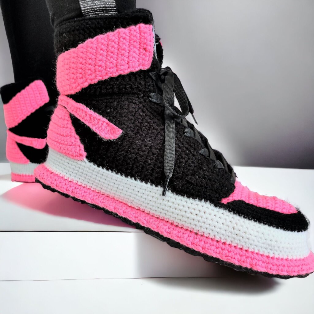Custom Knitted Cozy Pink Sneaker Plush Slippers - view 2