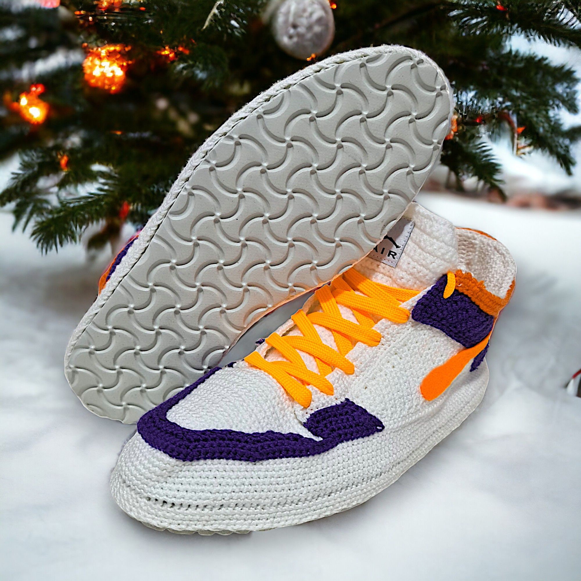 Crochet Sneaker Slippers Custom Knitted Shoes Basketball Culture Wear Low Top Sneaker Purple White Booties Retro Sneakerhead Unique Gift