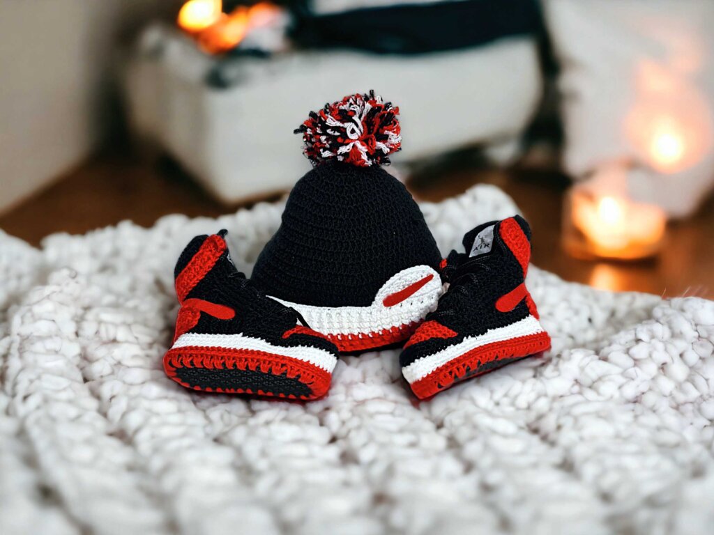 Crochet Baby Jordans Style Booties and Beanie Set - view 5