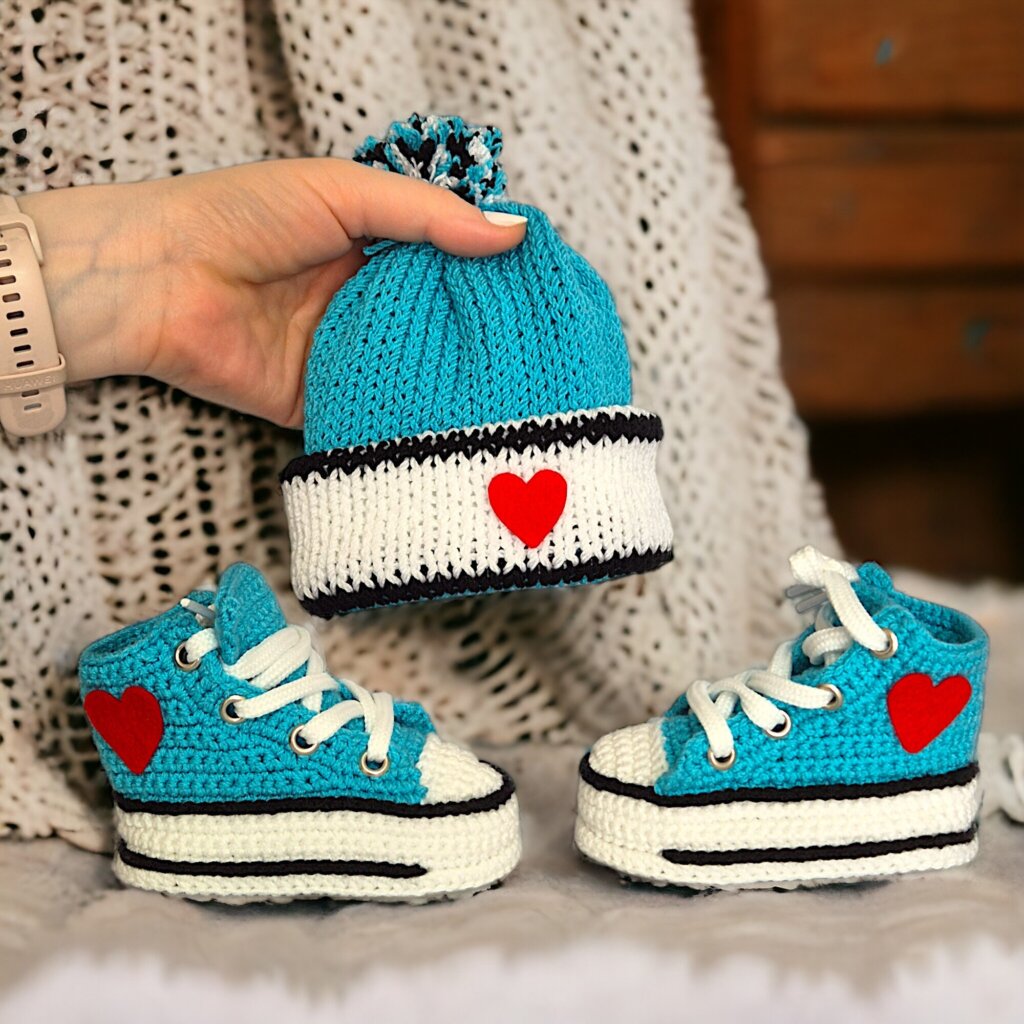 Turquoise Crochet Baby Booties & Beanie Set - view 2