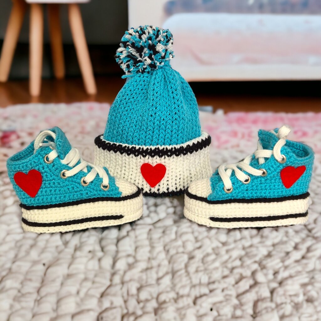 Turquoise Crochet Baby Booties & Beanie Set - view 3