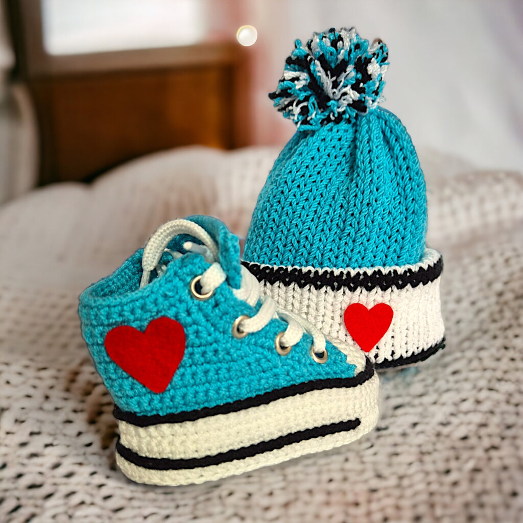 Turquoise Crochet Baby Booties & Beanie Set - view 4