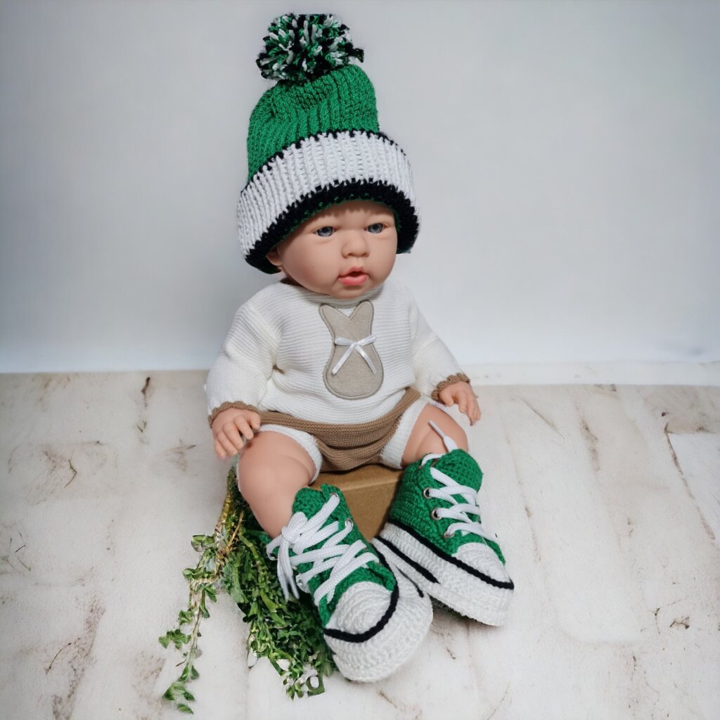 Green Baby Booties & Crochet Beanie - view 3